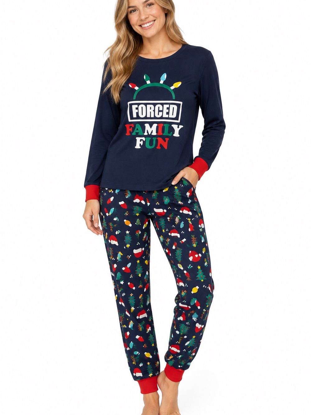 NWT Womens Navy 'Forced Family Fun' Holiday Pajama Set - 1055